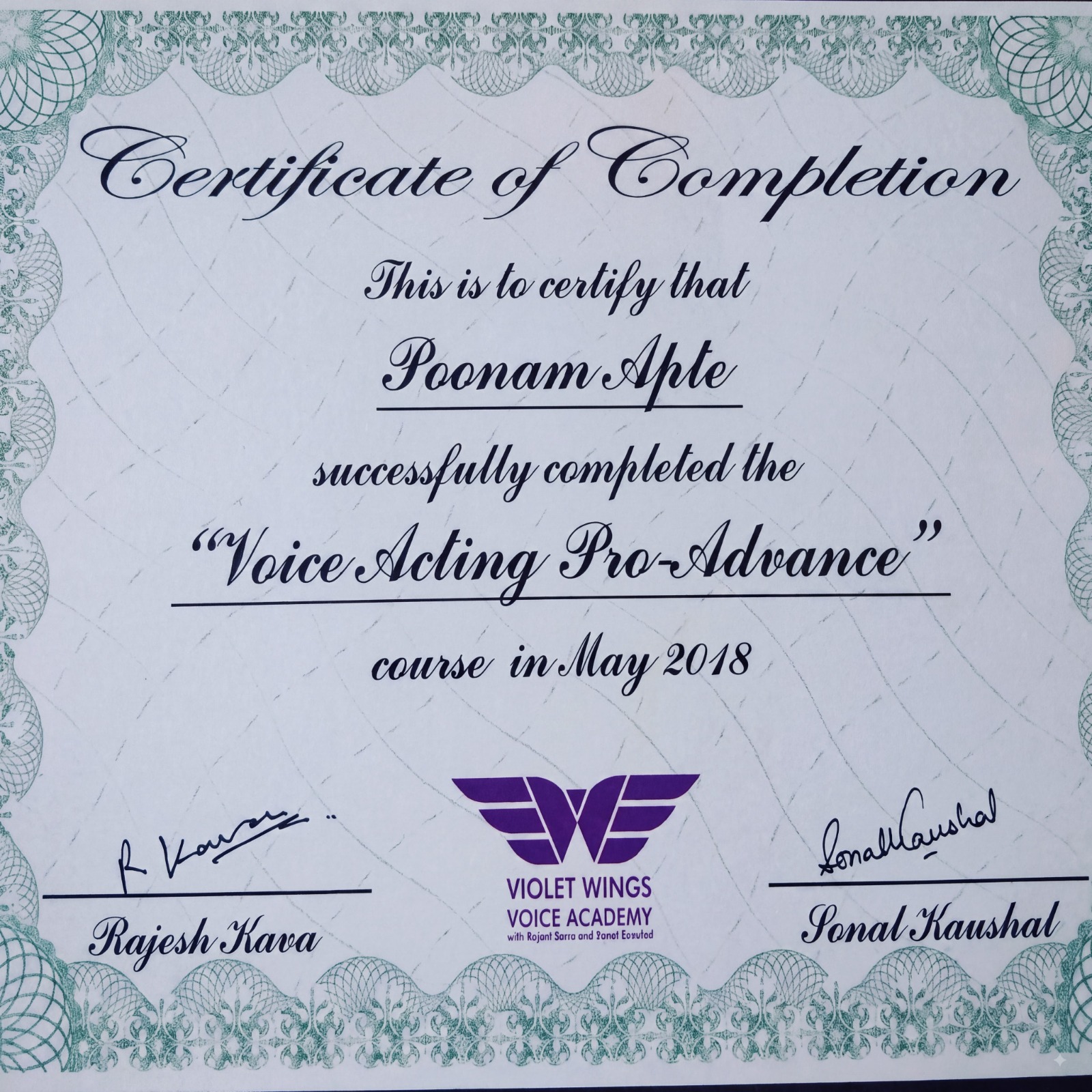 Poonam Apte Voice Acting Certificate